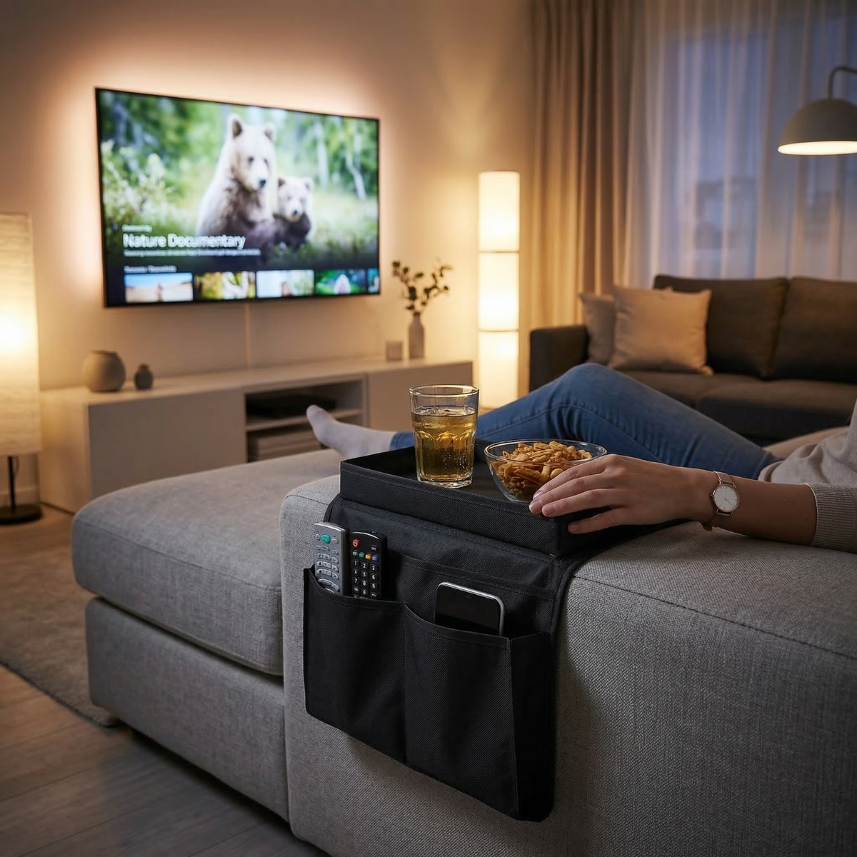 Organisateur d’Accoudoir de Canapé avec Plateau – Rangement Salon