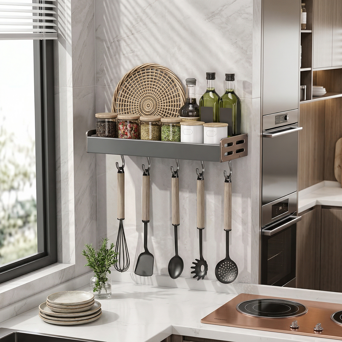 Étagère Murale Cuisine Multifonction – Rangement Épices & Ustensiles